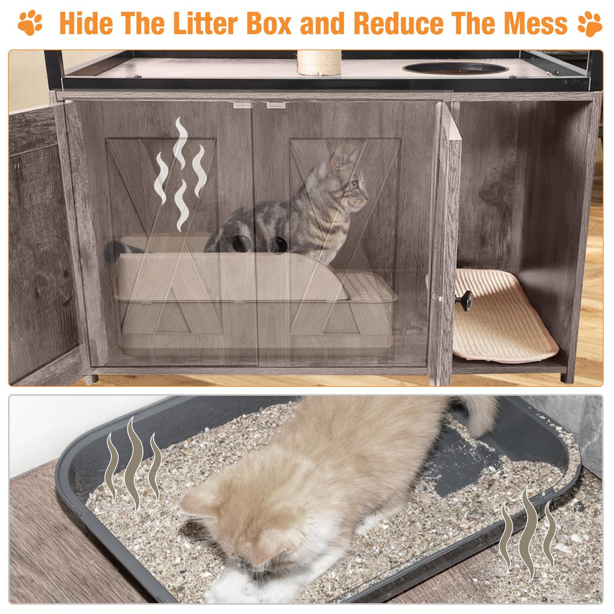 Cat Litter Box Enclosure,Hidden Litter Box Furniture with Metal Frame,Wooden Kitty House with Barn Door,Wooden Cat Washroom Furniture,Fit Most of Litter Box (Grey, M) Suumerpety