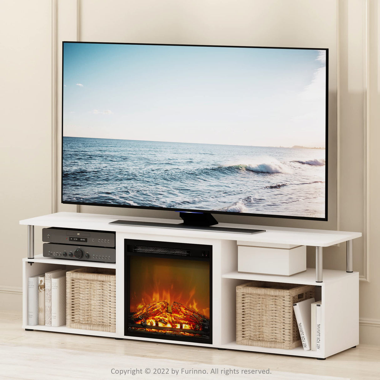 Furinno Jensen Open Storage Fireplace Entertainment Center for TV up to 70 Inch with Stainless Steel Tubes, White Oak/Chrome Furinno