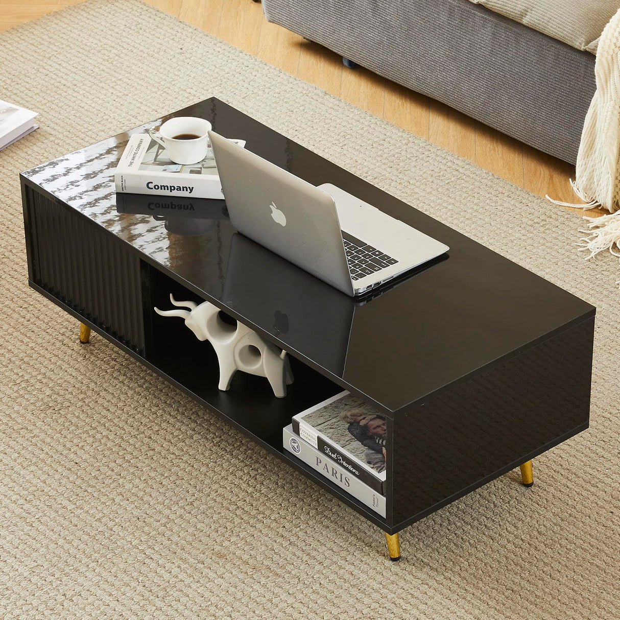 COSVALVE 41.3IN LED Black Coffee Tables for Living Room with 16 Colors LED Lights, Modern Minimalist Coffee Table with Fluted Panel, Rectangle Center Table Game Table COSVALVE