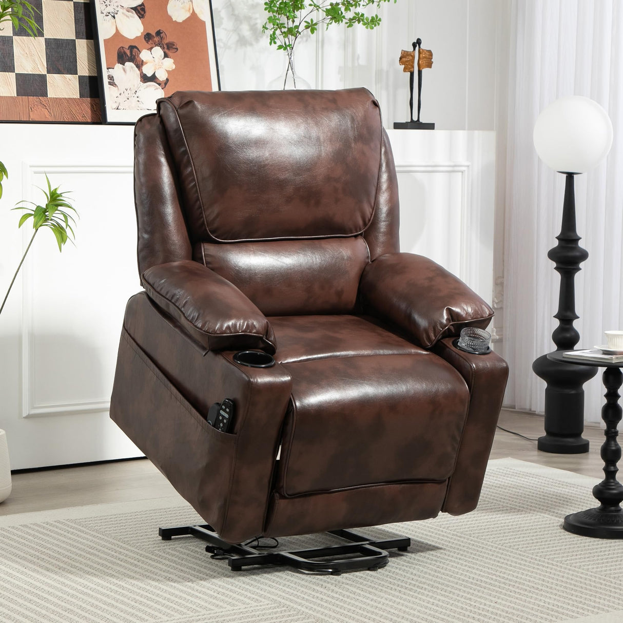 HOMCOM Power Lift Recliner Chair Sofa with Vibration Massage and Heat, Faux Leather Wide Lift Chair for Elderly, Overstuffed Reclining Chair with Remote Control, USB Port and Side Pockets, Brown HOMCOM