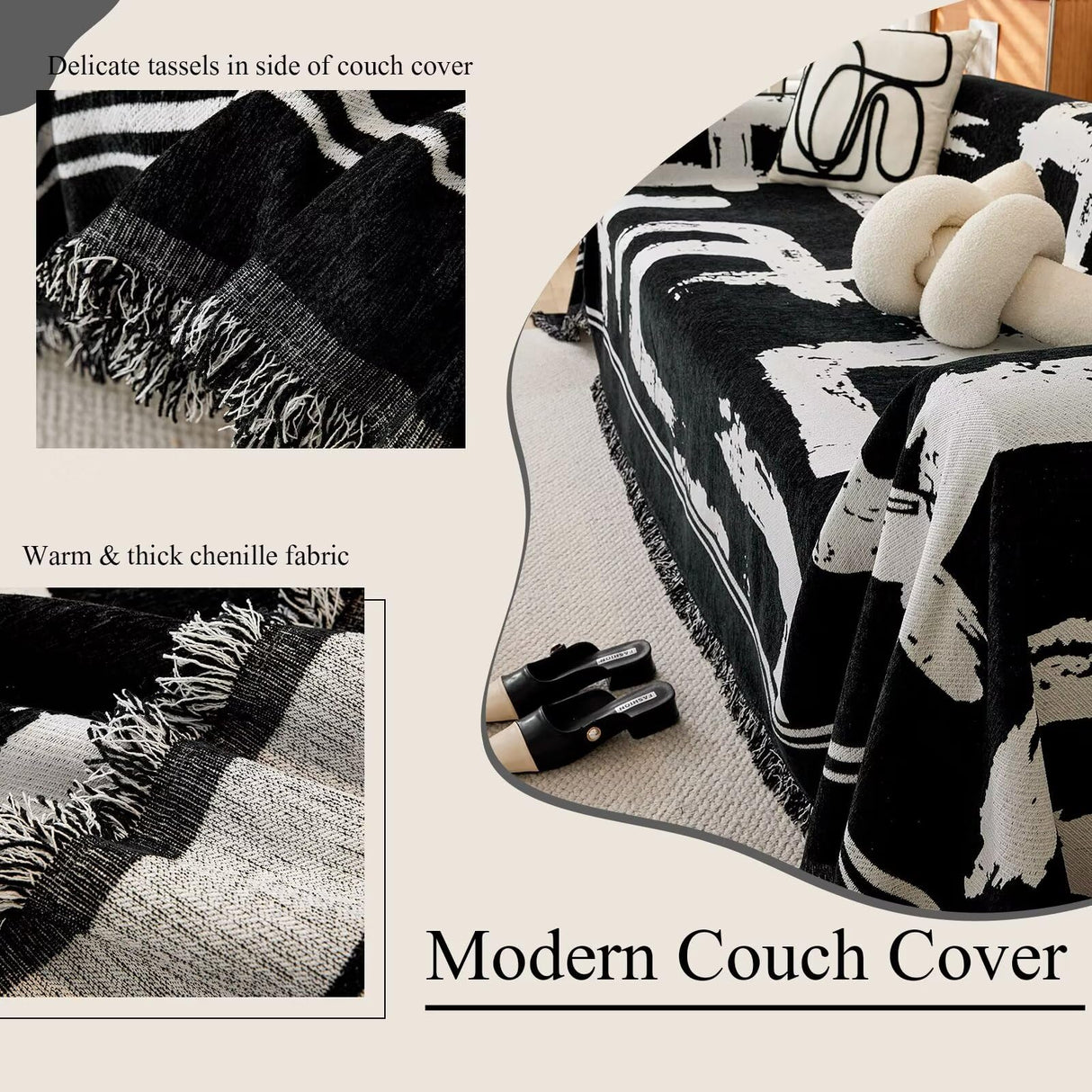 VClife Boho Couch Cover Black and White Sofa Cover Thick Non-Slip Chenille Couch Cover for 3 Cushion Couch Sofa (71" X 134") Pet-Friendly Breathable L Shape Sofa Cover Loveseat Cover with Tassel VClife