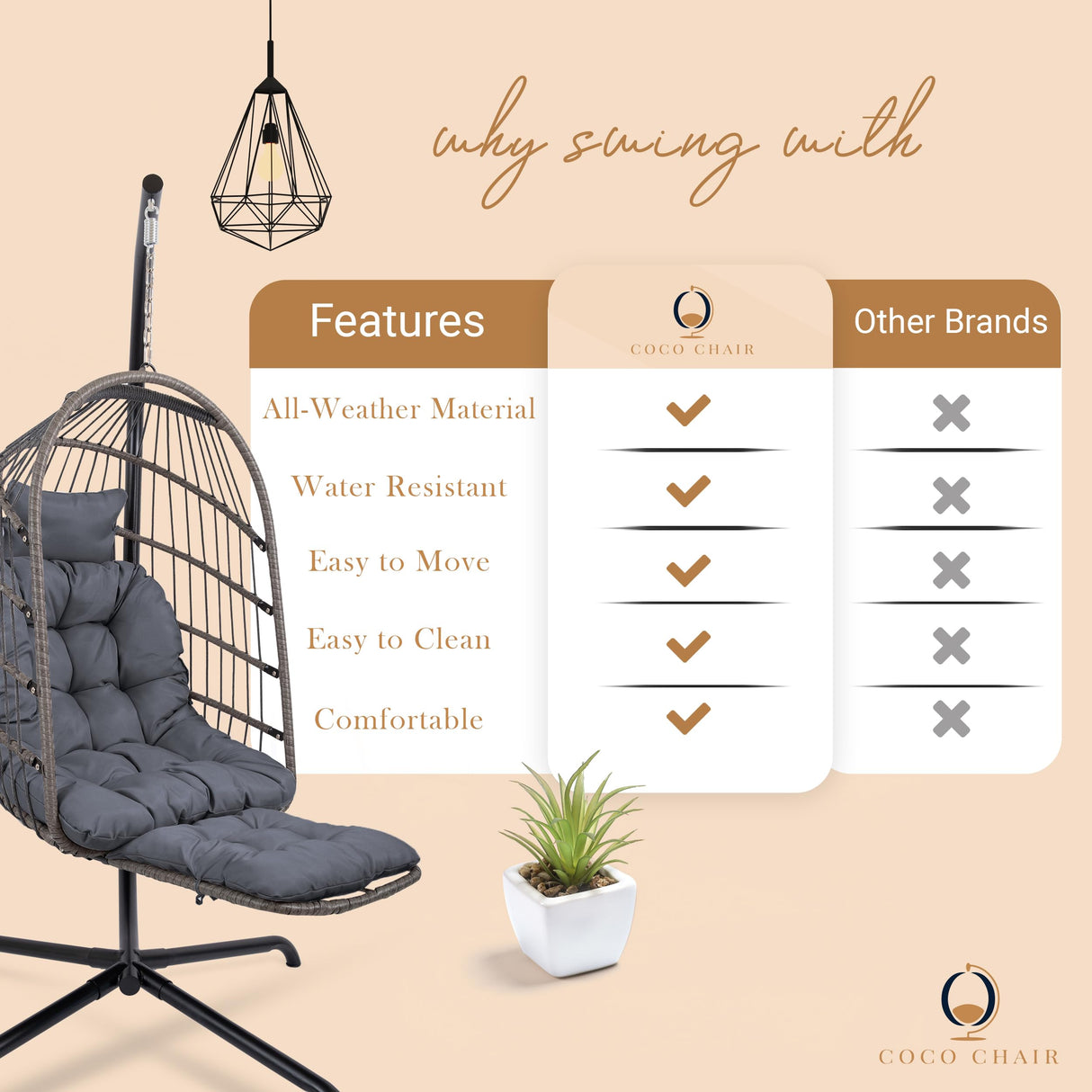Coco Chair Hanging Egg Chair with Stand & Leg Rest | Modern Outdoor Egg Chair with Pillow | Foldable Swing Chair for Indoor & Outdoor | Dark Gray coco chair
