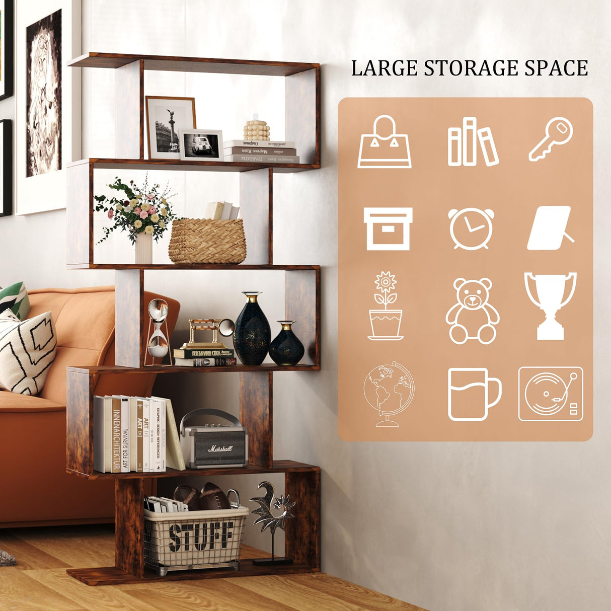 Yusong Bookshelf 5-Tier, Geometric Bookcase S Shaped Book Shelves for Bedroom, Modern Industrial Wood Decorative Display Shelf Book Case for Home Office, Rustic Brown Yusong