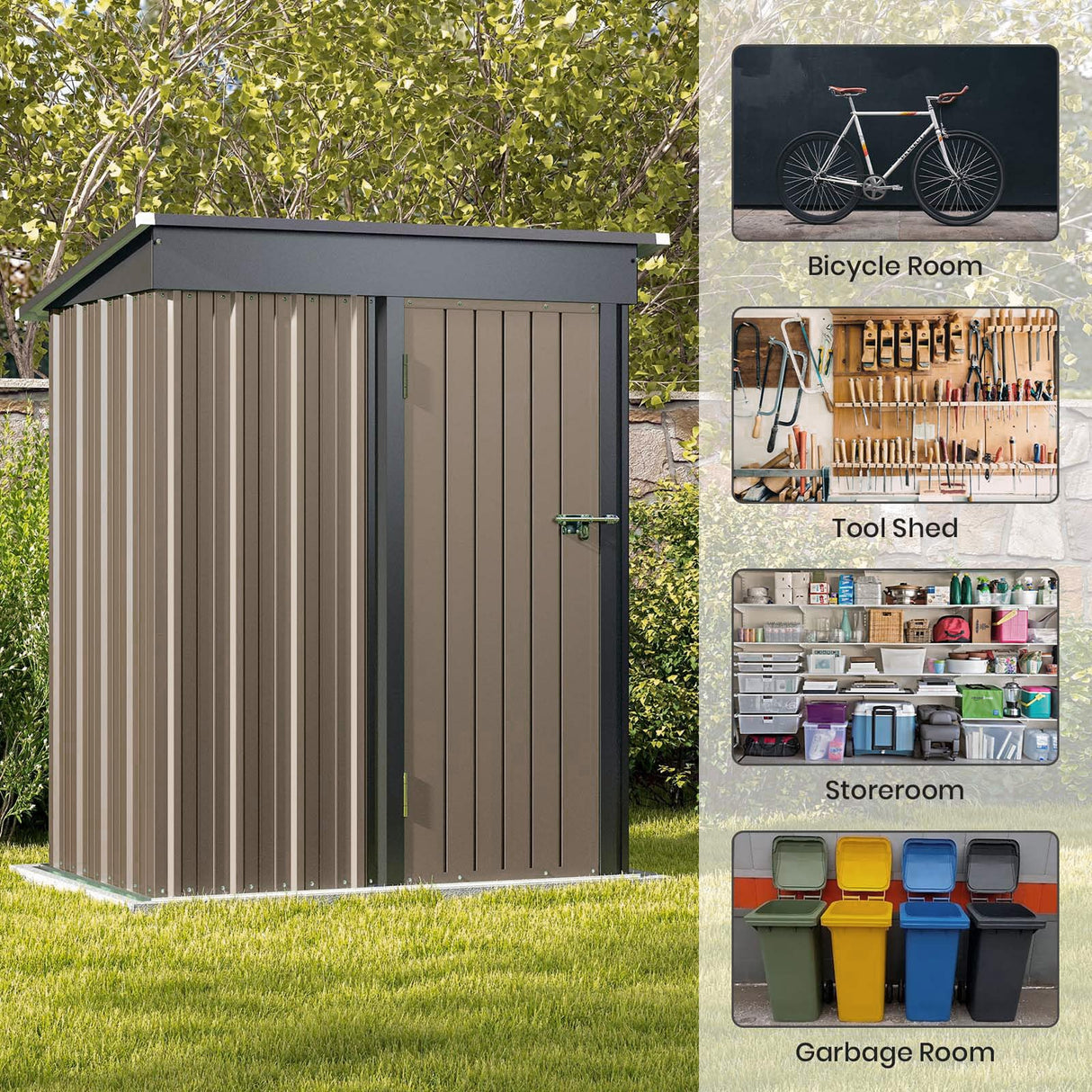 Patiolife 5x3 FT Outdoor Storage Shed, Small Tool Metal Shed with Lockable Door & Sloping Roof, Garden Shed for Backyard Patio Lawn, Brown Patiowell