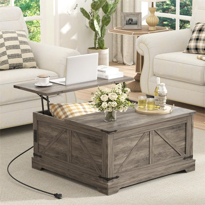 FiveWillowise Coffee Table with Storage, 31.5" W Farmhouse Lift Top Wood Square Center Table with Charging Station, Rustic Cocktail Tables with Flip Top Lids for Living Room, Home Office, Grey