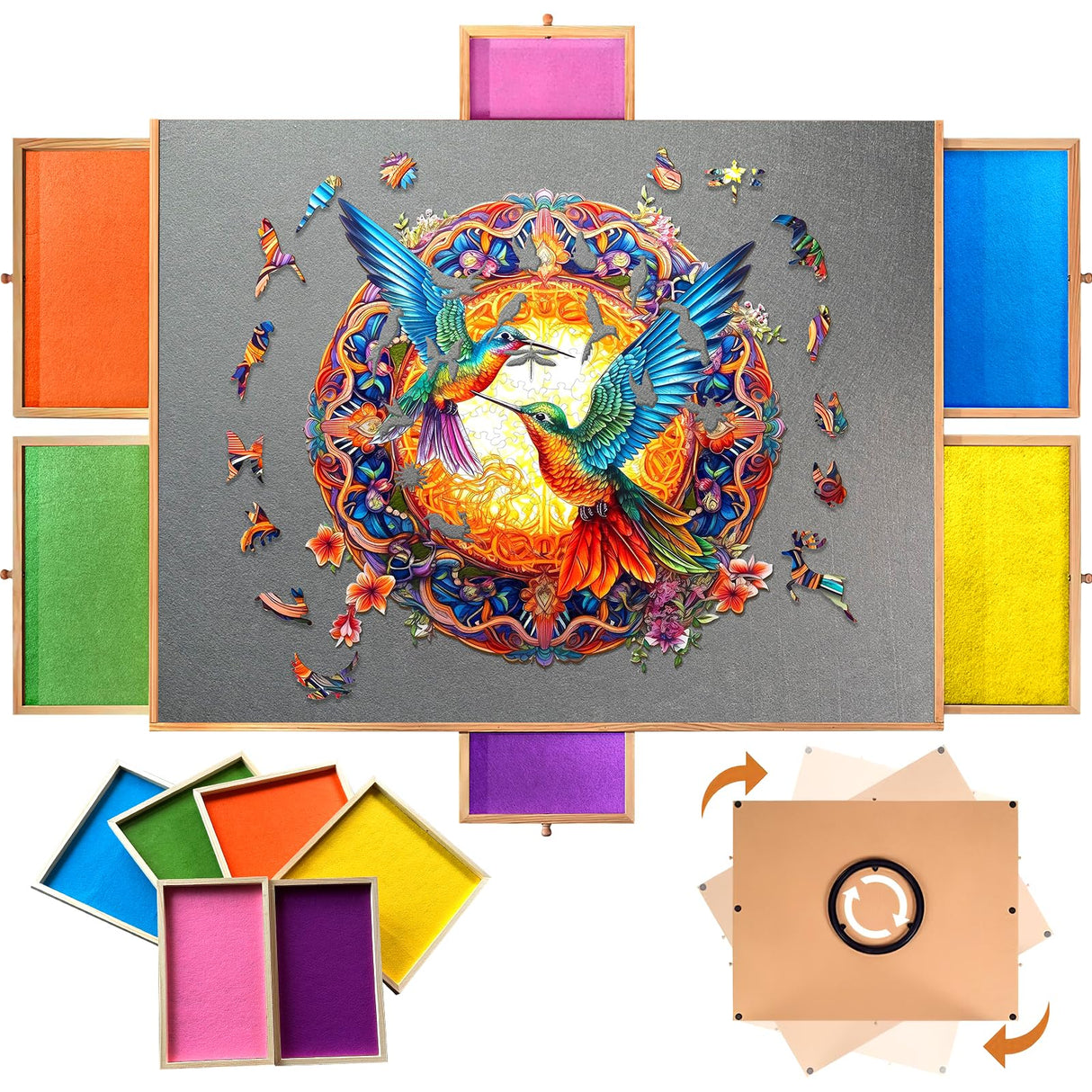 1500 Piece Rotating Wooden Puzzle Board with 6 Drawers & Cover,35” X 26” Jigsaw Puzzle Table Portable Wooden Puzzle Tables Gifts for Women Men Kids QUNPON