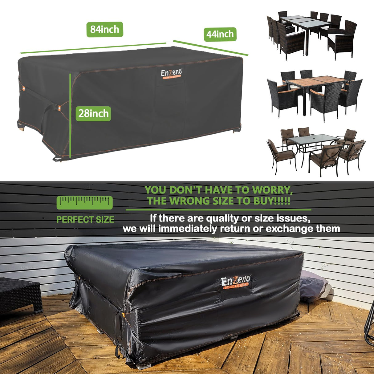 Enzeno Patio Furniture Set Cover Waterproof, Outdoor Dining Coffee Table Chair Covers Rectangular, Heavy Duty Outside Weatherproof Sectional Set Covers for Protection 84"L x 44"W x 28"H Black Enzeno