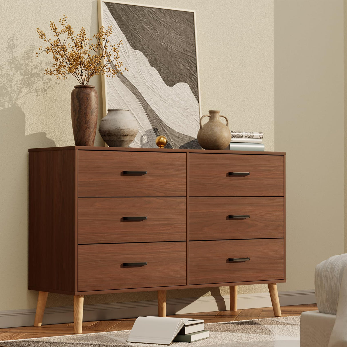 Bigbiglife Wood Dresser for Bedroom with 6 Drawer Mid Century Modern Dresser Double Chest of Drawer (Walnut Brown) Bigbiglife