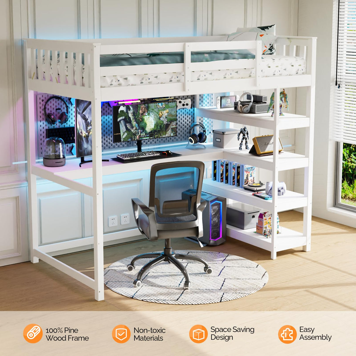 Bunk Bed with Desk and 4-Layer Shelves, Loft Bed Twin Size with Under Desk and Bookcase Storage, Twin Bed Frame for Kids, Adults& Young Teens, White JOYMOR