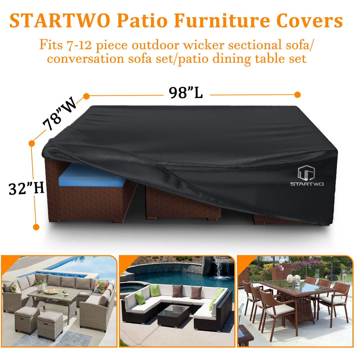 STARTWO Patio Furniture Covers Waterproof, Anti-UV Tear-Resistant 500D Heavy Duty 7-12 Seats Outdoor Furniture Cover for Sectional Sofa, Patio Table Cover, 98"x78"x28", Black STARTWO