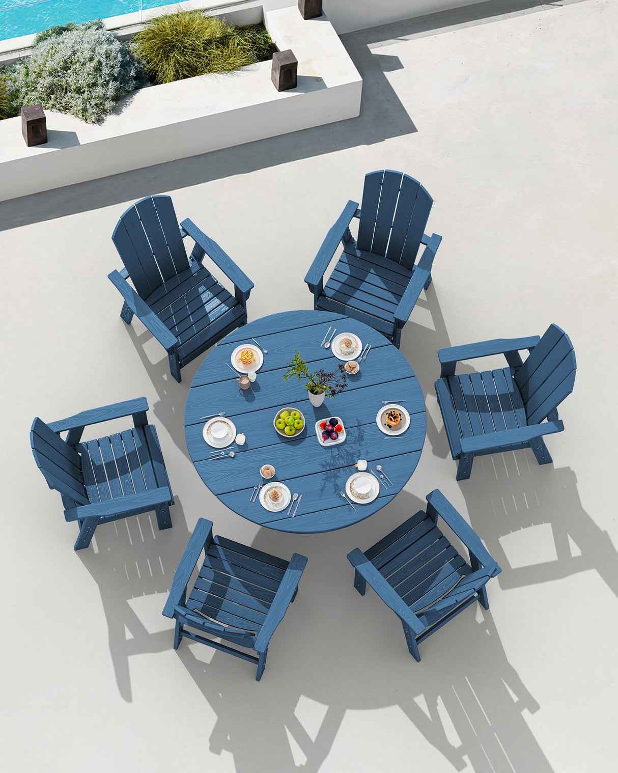 SERWALL 5-Piece Patio Dining Sets, HDPE Outdoor Table and Chairs Furniture Set, 45" Round Dining Table and 4 Adirondack Dining Chair, Navy SERWALL