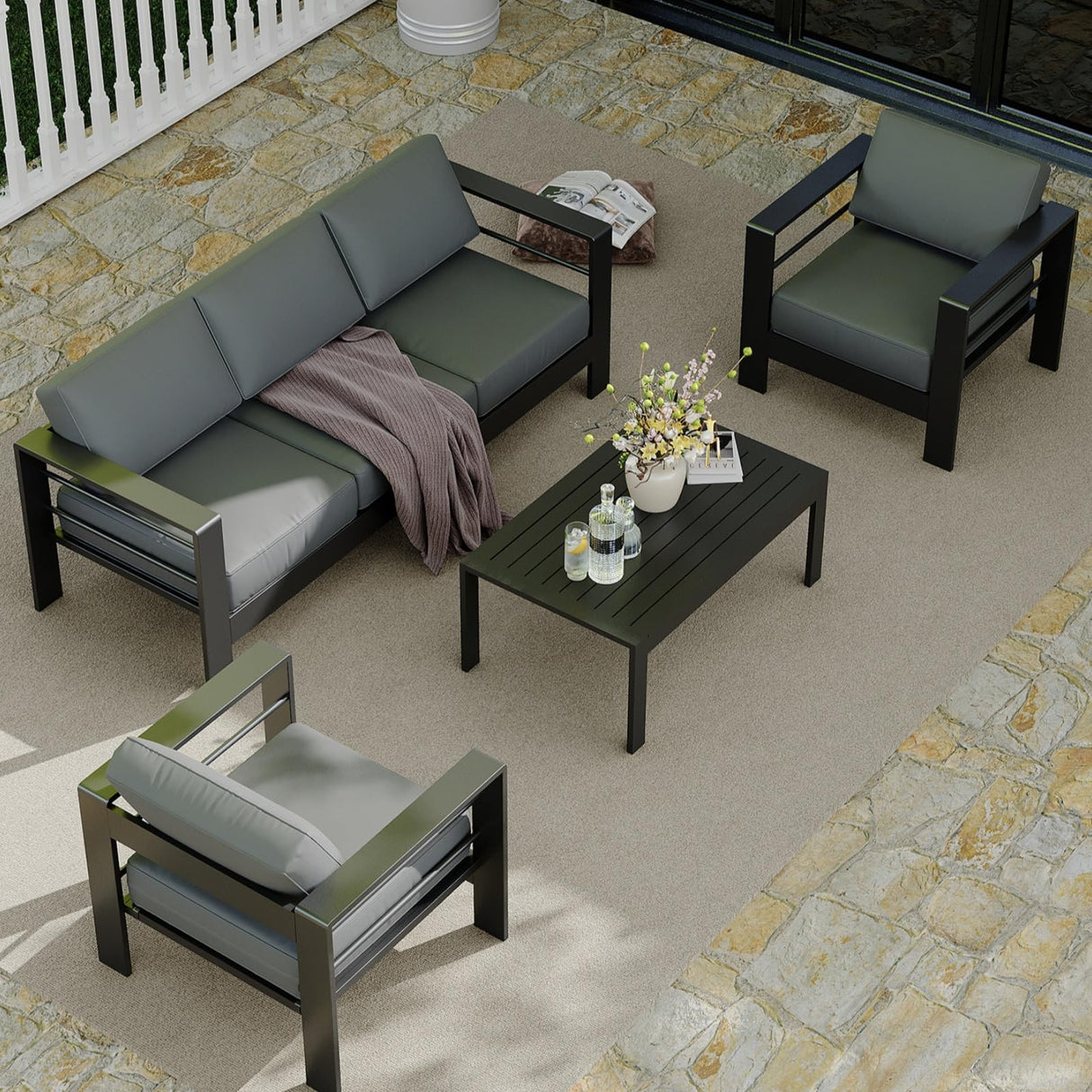 5 Seats Aluminum Patio Furniture Set, 4 PCS Outdoor Sectional Conversation Set with 4" Wide Armrest, Backyard Sectional Sofa Set with Coffee Table & Thick Cushions, Grey GAOMON