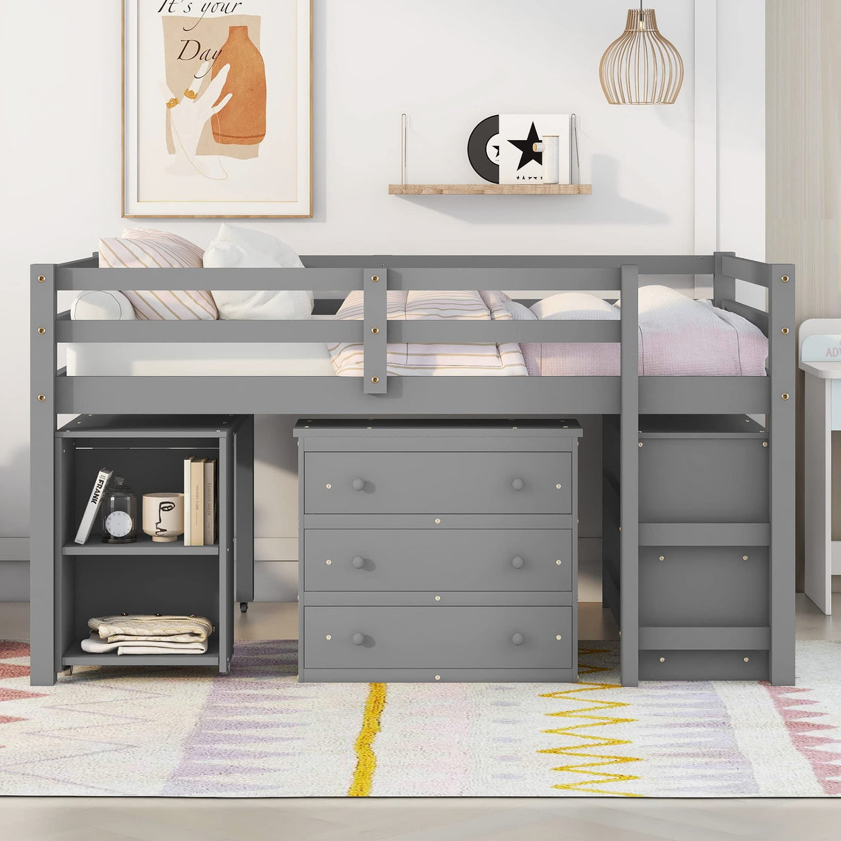 Low Loft Bed with Desk and Dresser Full Size, Wood Kids Loft Beds Frame with Cabinet & Storage Shelves & Rolling Portable Desk for Juniors, Teen, Boys, Girls, Gray Bellemave