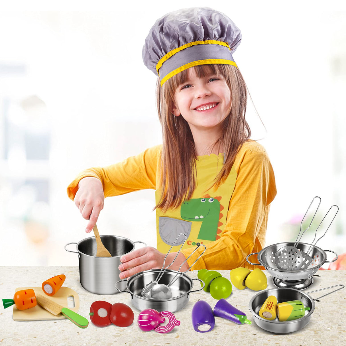 Sundaymot Play Kitchen Accessories, Wooden Play Food, Cooking Set with Stainless Steel Cookware Pots and Pans Utensils, Apron, Chef Hat, Cutting Food Kitchen Playset for Girls and Boys Sundaymot