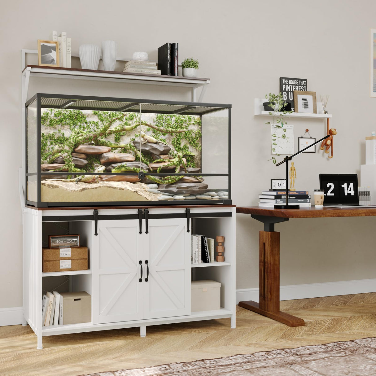 VOWNER Farmhouse Reptile Tank Stand with Power Outlet, 48" X 24" Tabletop Fits up 120 Gallon Bearded Dragon Tank, Heavy Duty Aquarium Stand with Storage Cabinet, Reptile Turtle Terrarium Stand White VOWNER