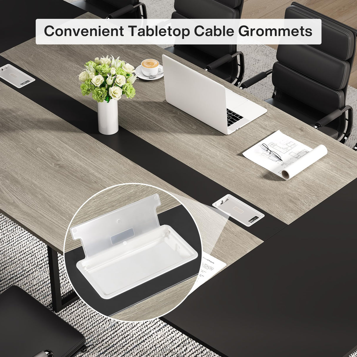 Tribesigns 8FT Conference Table, 94.48L x 47.21W x 29.52H Inches Boat Shaped Meeting Table with Rectangle Grommet, Modern Seminar Boardroom Table for Office Conference Room (Grey & Black, 8ft) Tribesigns