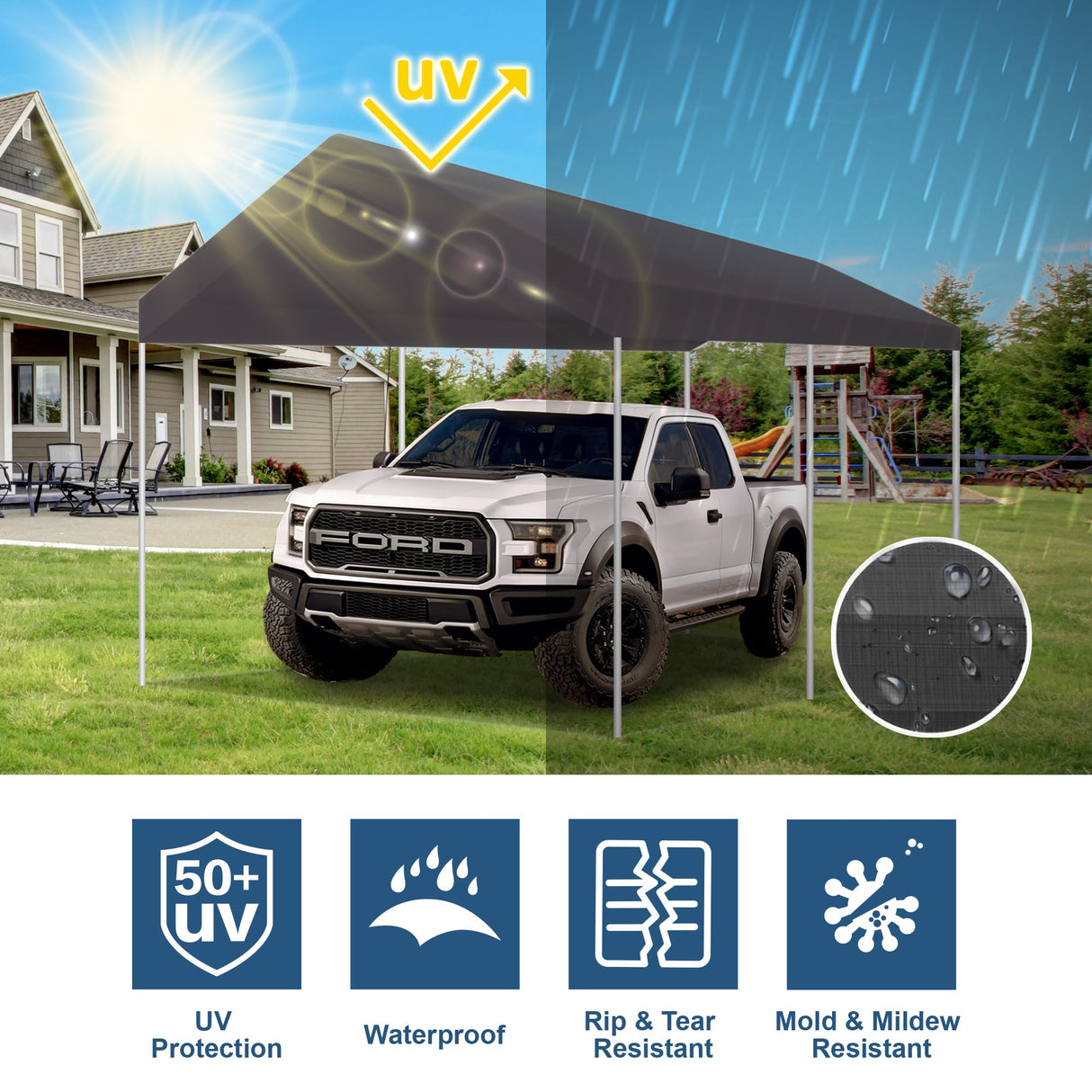 TGEHAP Carport Replacement Canopy Cover for Tent Car Garage Shelter Top Tarp Cover with Ball Bungees (Only Only Top Cover, Frame is not Included) (10' x 20', Gray) TGEHAP