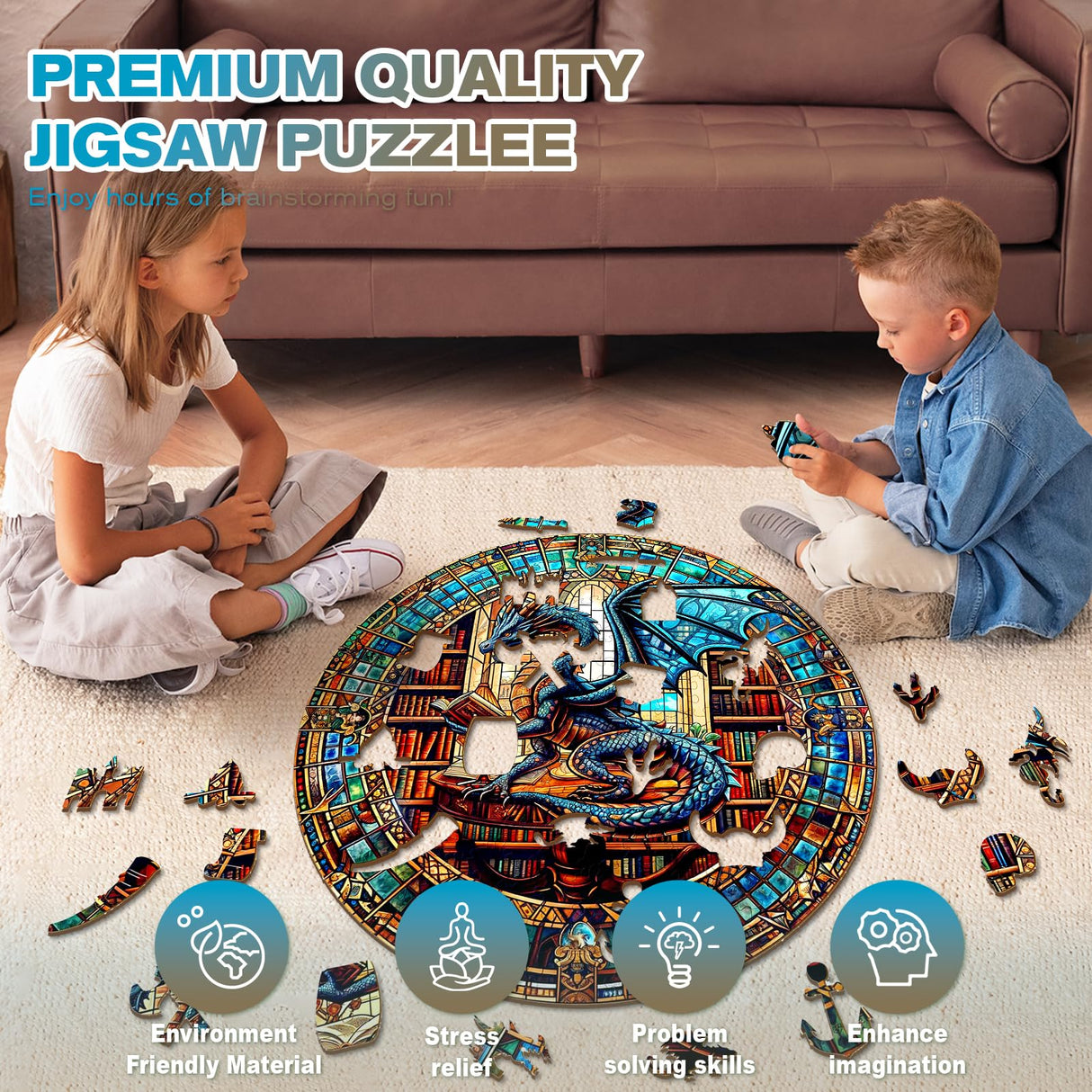 Wooden Puzzles for Adults - The Dragon's Library Wooden Jigsaw Puzzles for Adults Kids, Unique Shaped Challenging Animal Adult Puzzles,Creative Gifts Family Game 8.5 * 8.5in 100pcs Purdicra