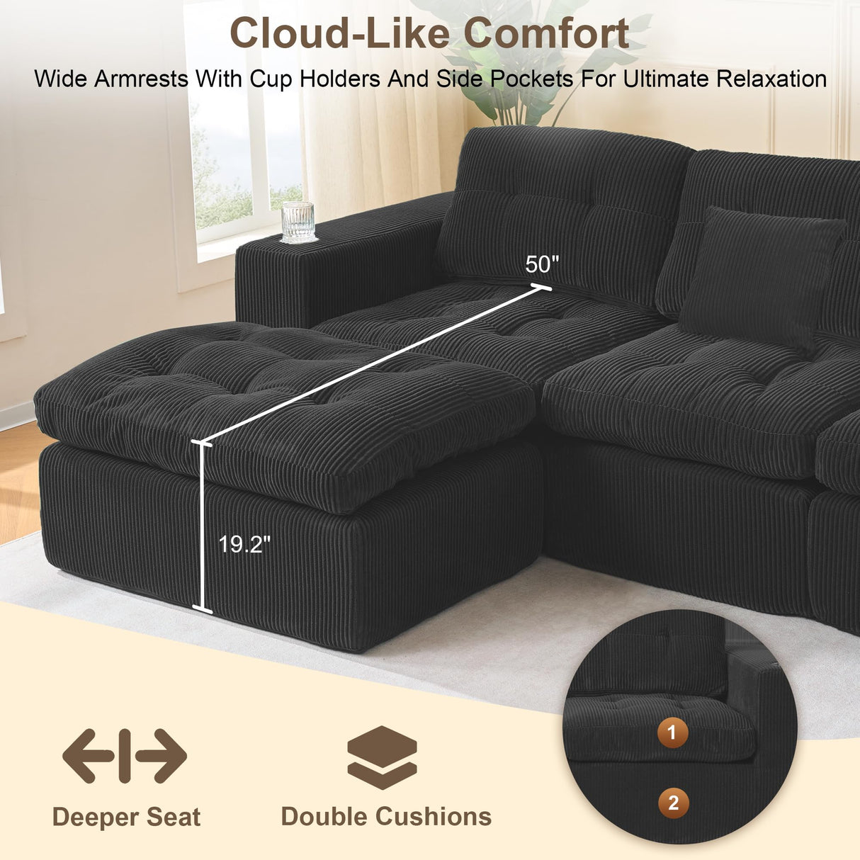 Hretanant Black L Shaped Modular Cloud Sectional Sofa, Comfy 3 Seater Sectional Couches for Living Room with Cup Holders, Modern L Shape Sofa Set for Living Room Bedroom, Black Hretanant