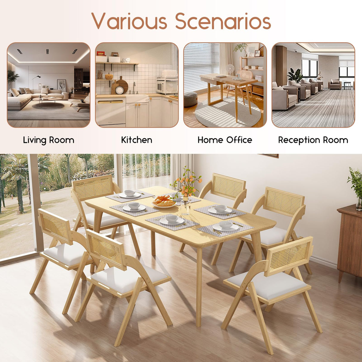 lavimiya Beige Folding Dining Chairs Set of 2, Wooden Foldable Dining Chairs, Modern Mid Century Leather Rattan Dining Room Chairs with Padded Cushion for Kitchen, Living Room, Small Space lavimiya