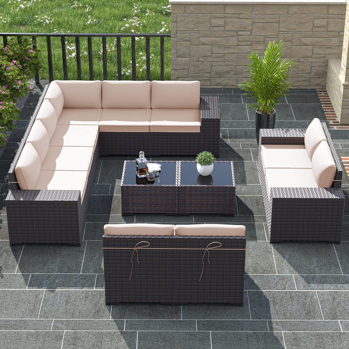 RTDTD Outdoor Patio Furniture Set, 12 Pieces Outdoor Furniture All Weather Patio Sectional Sofa PE Wicker Modular Conversation Sets with Coffee Table,10 Chairs & Seat ClipsBrown. RTDTD