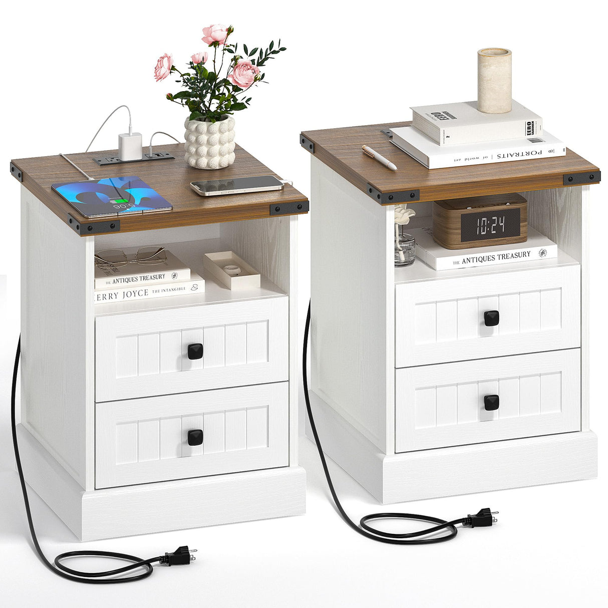 AntsandAnts White Farmhouse Nightstand Set of 2,Wood End Tables Bedroom with Charging Station,Metal Corner Night Stand with 2 Drawers for Living Room,Bedside Table Furniture AntsandAnts