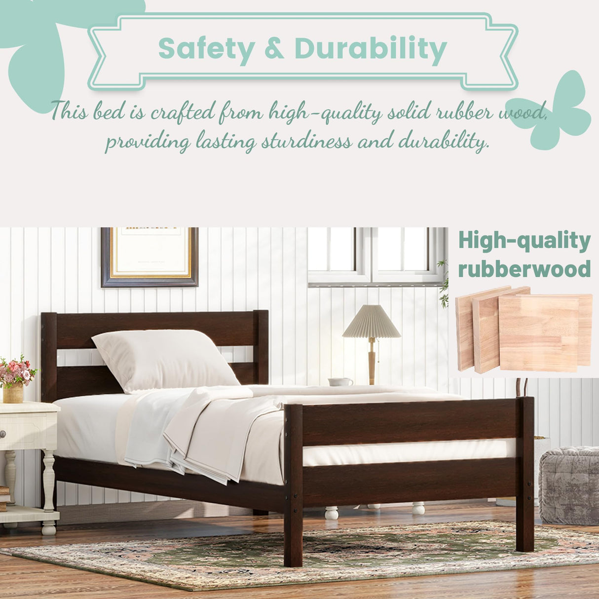 Duxelifin Twin Bed Frames Wood, Wood Twin Bed Frame with Headboard and Footboard, Platform Bed for Bedroom, Guset Room, No Box Spring Needed, Espresso Duxelifin