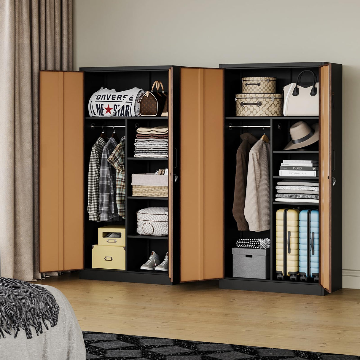 MIIIKO Metal Wardrobe Cabinet with Locking Doors, Metal Storage Armoire Closet for Clothing, 2 Door Woodgrain Locker Cabinet with Adjustable Shelves for Bedroom, Locker Room, Home Office and Garage… MIIIKO