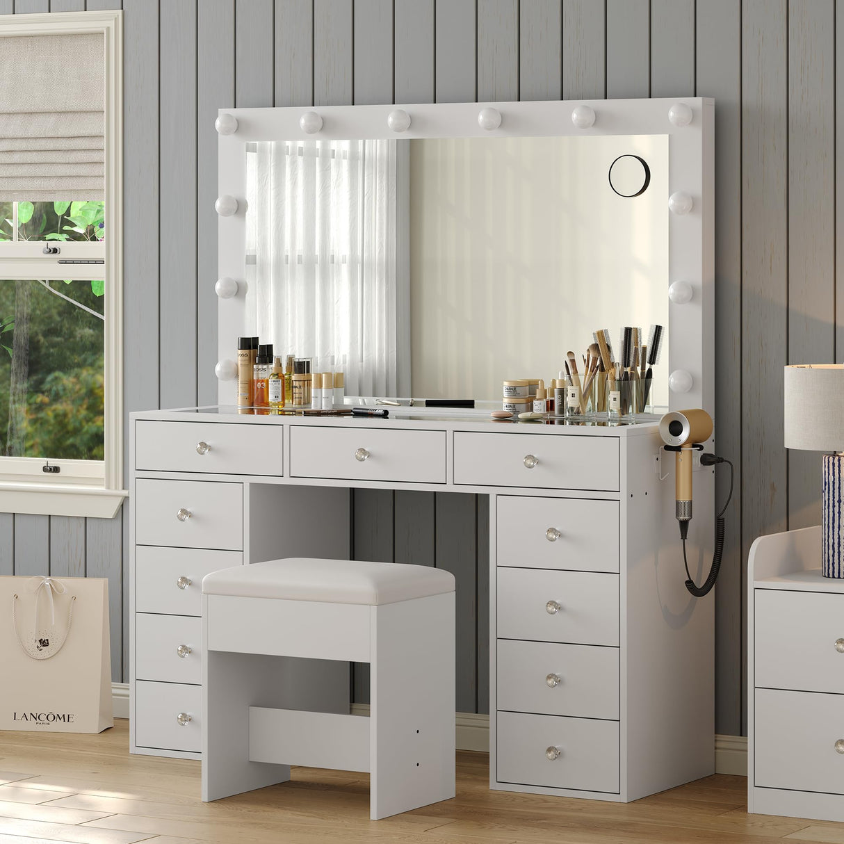FUSOU Vanity Desk with Power Outlet, Makeup Vanity with Mirror and 12 LED Lights, 3 Lighting Modes,11 Drawers Vanity Table with Chair, Glass Top, Dressing Table for Bedroom,Dressing Room (White) FUSOU