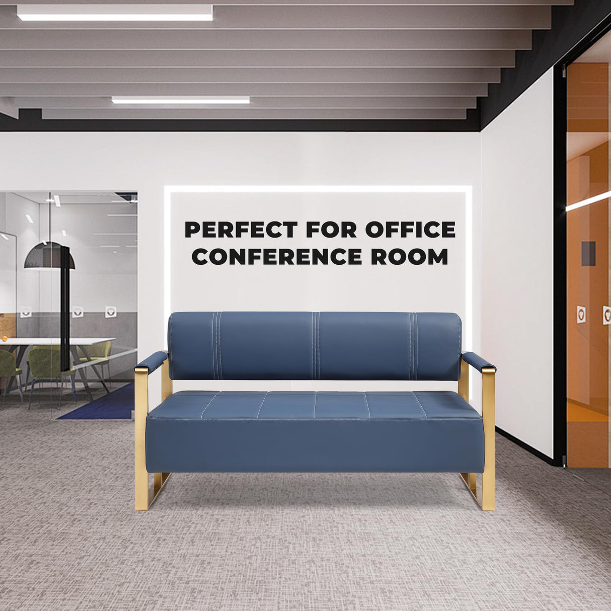 PBOGHLRD 57.9" Modern Leather Loveseat Sofa, Upholstery Faux Bonded Leather Accent Futon Couch with Metal Square Arms for Living Room, Office, Apartment (Navy Blue) PBOGHLRD