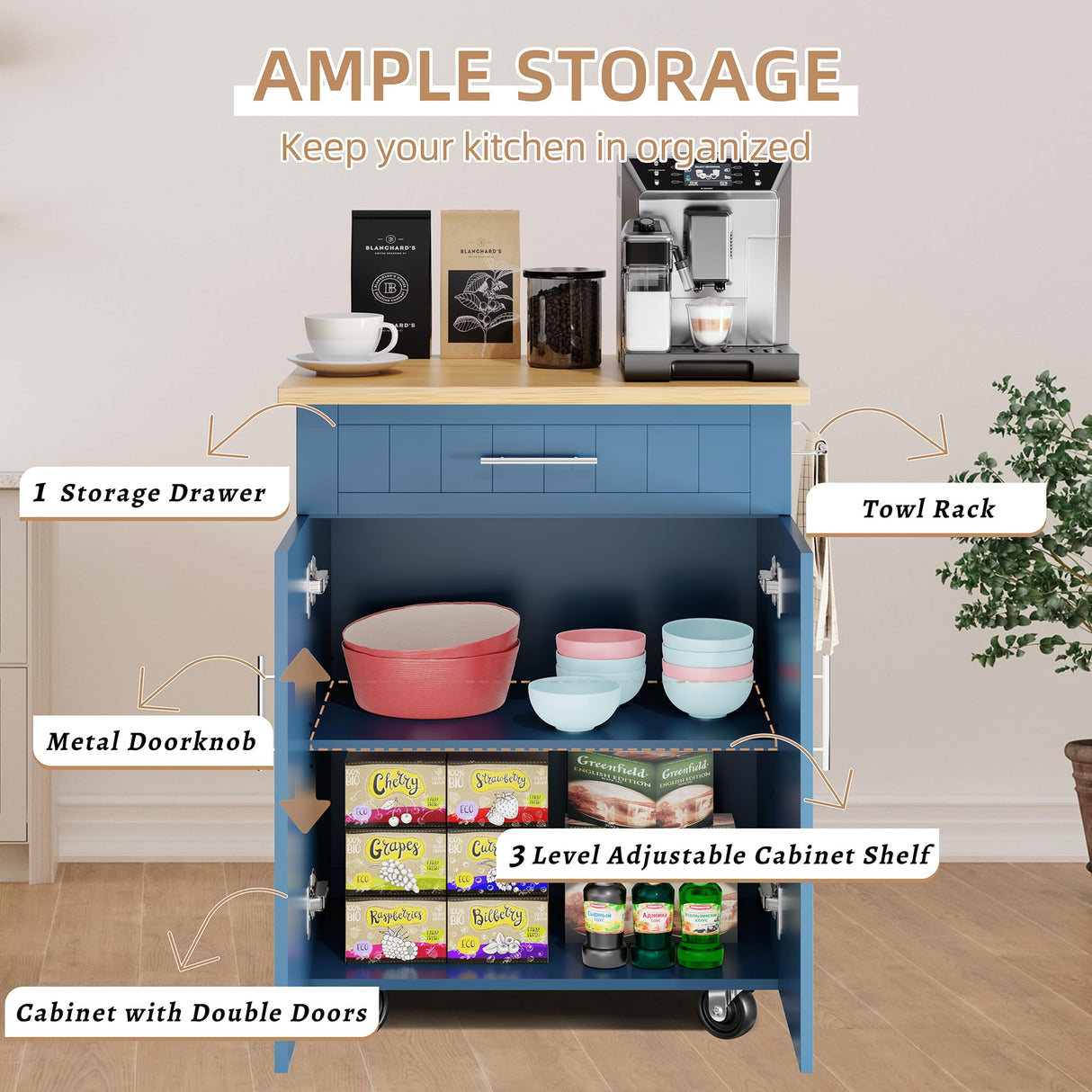 Shintenchi Kitchen Island Cart with Storage,Rolling Kitchen Island Side Table on Wheels with Large Worktop,Storage Cabinet,Towel Rack and Drawers for Kitchen,Dinning Room, Blue Shintenchi