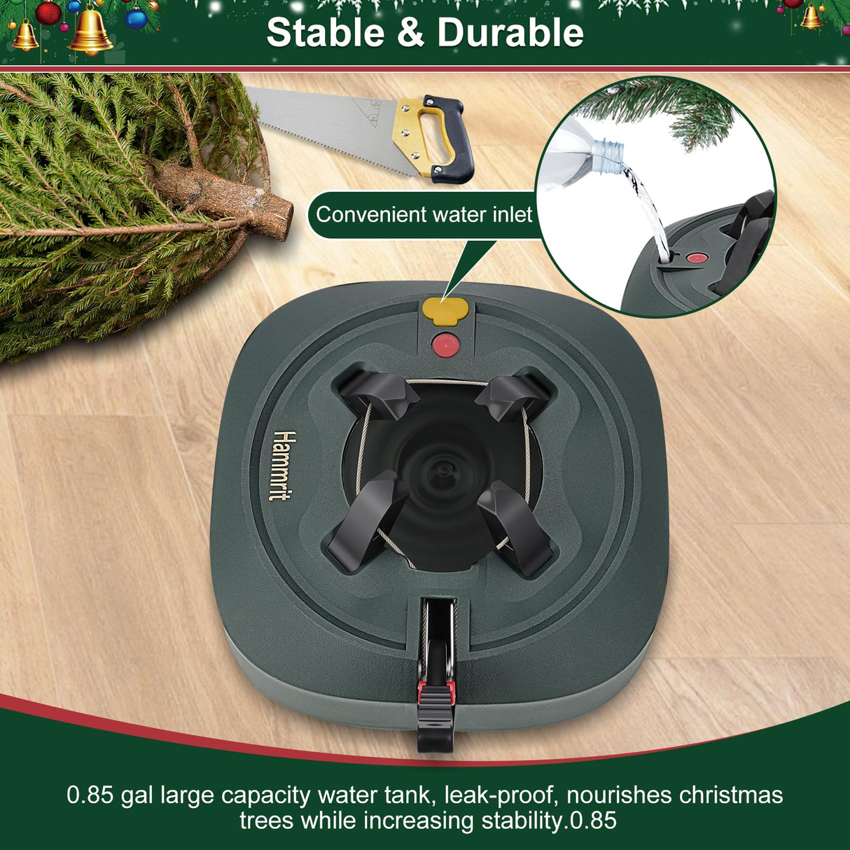 Christmas Tree Stand for Real Trees, Heavy Duty Live Christmas Tree Stand with Reservoirs, Fits Trees up to 7.5 Ft (1.2-5 In Diameter), No Assembly Required Real Christmas Tree Base Foot Press Hammrit