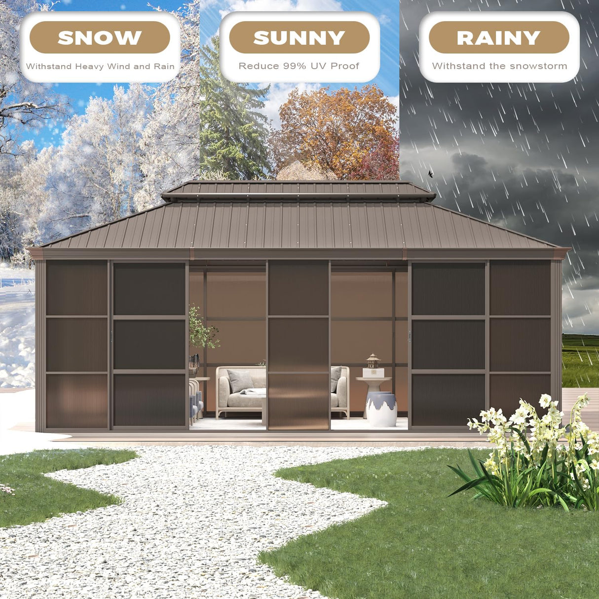 EROMMY 12' x 20' Sunroom, All-Season Gazebo Solarium with Galvanized Steel Roof, Aluminum Frame, Outdoor Permanent Sun Room with Sliding Doors EROMMY