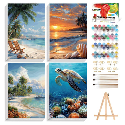 XTCIXAL 4 Pack Paint by Numbers Kit for Adults with Framed and Easel, Beach Paint by Number Kits, Sea Turtle Acrylic Oil Painting with Brushes for Home Wall Decor (8x12 Inch)
