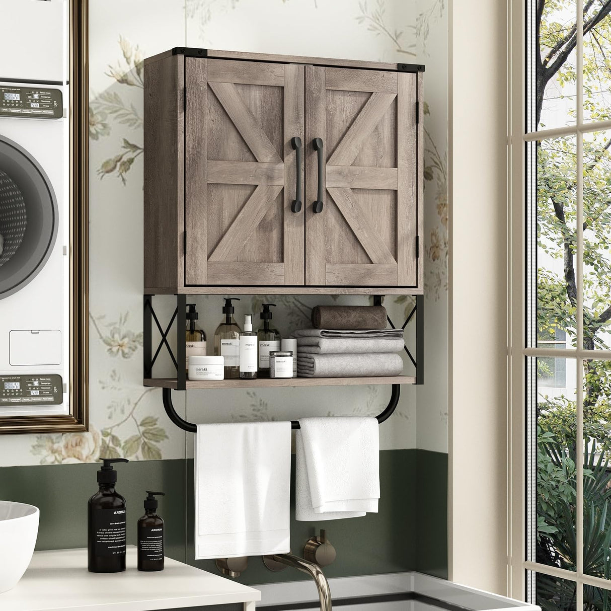 RUSTOWN Farmhouse Medicine Cabinet with 2 Barn Door, Wood Wall Mounted Storage Cabinet with Adjustable Shelf and Towel Bar, 3-Tier Bathroom Cabinet for Bathroom, Living Room(Washed Oak, Medium) RUSTOWN