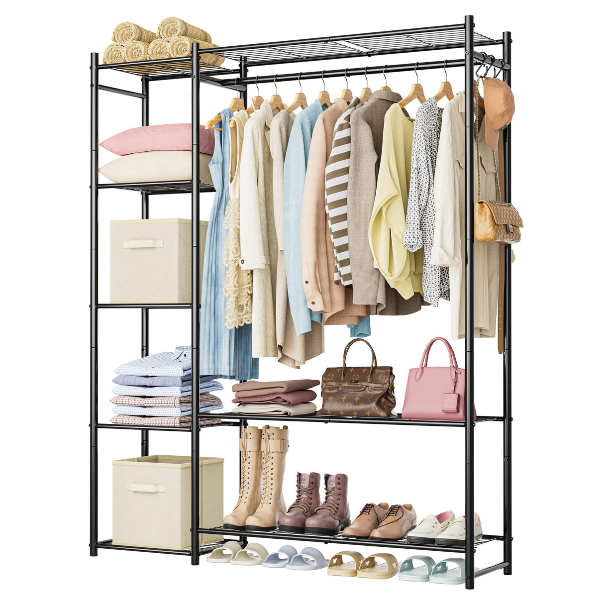 Wardrobe Closet,Portable Clothes Rack with 4 Tiers Shelves,Freestanding Closet Organizers and Storage System with Hanging Rods,Steel Clothing Rack Suitable for Cloakrooms,Bedrooms,Entrances,etc.Black HOMIDEC