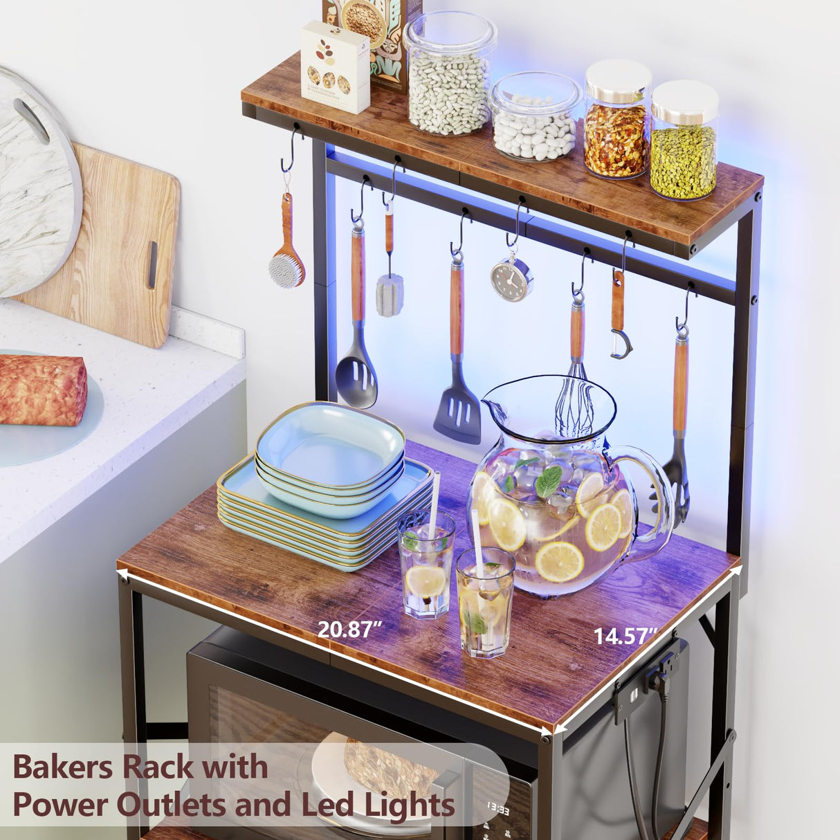 Kitchen Bakers Rack with Power Outlet & LED Lights, Small Coffee Bar Table with Adjustable Storage Shelf, 4 Tiers Microwave Stand with 8 Hooks, Coffee Station for Appliance Organizer, Rustic Brown Korfile