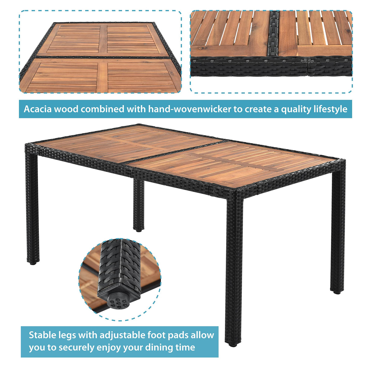 Quarte 7 Piece Outdoor Patio Dining Set, PE Rattan Wicker Dining Table and Chairs Set with Acacia Wood Tabletop and Stackable Armrest Chairs/Water-Proof Cushions Quarte