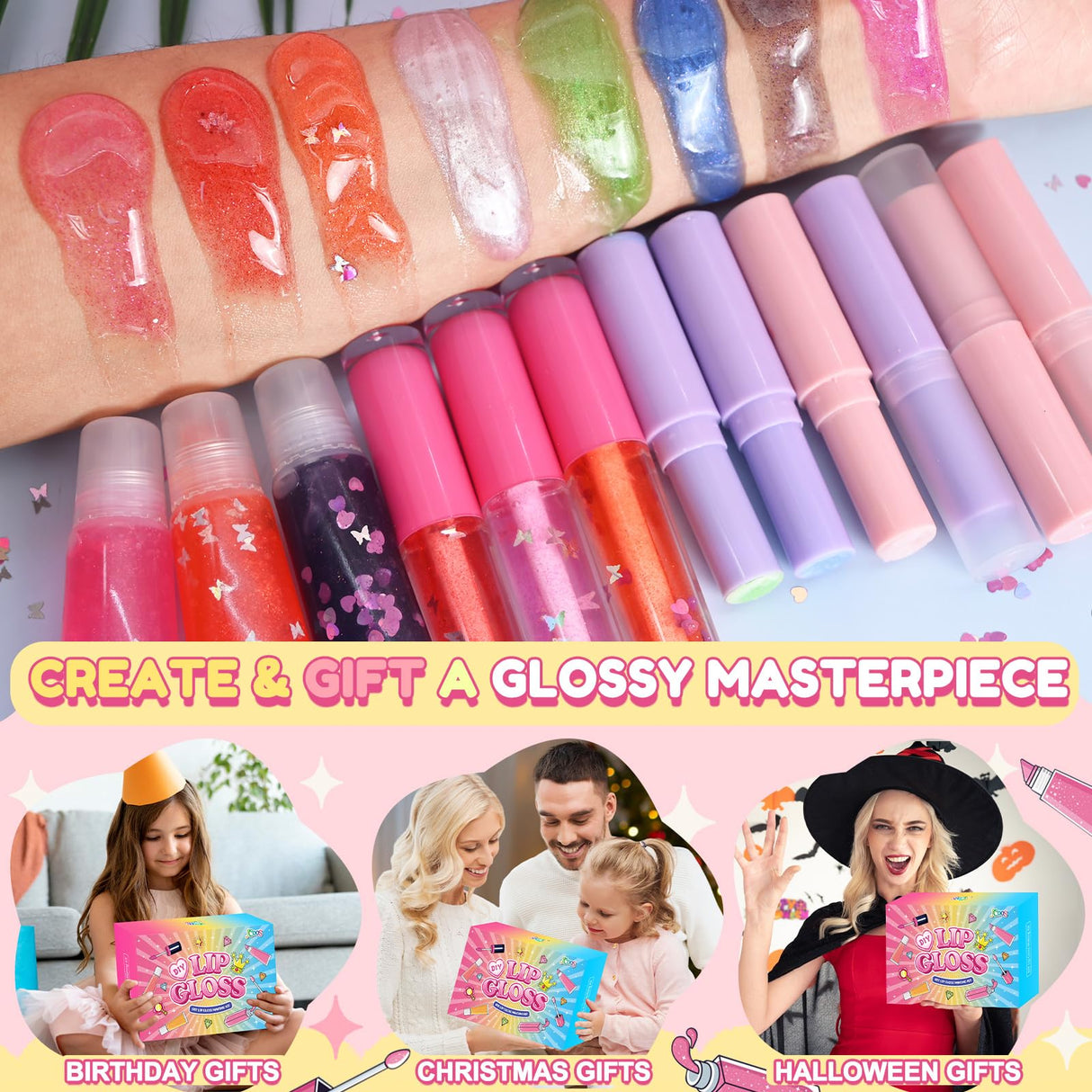 JCOOS Lip Gloss Making Kit and Lip Balm Making Kit, Make Your Own Lip Gloss Kit, Lip Balm Kit, Lipgloss Tubes, Moisturizing Base, Glitter, Kids Makeup Lipgloss Sets for Girls, Fun Stuff for Teens Gift Jcoos