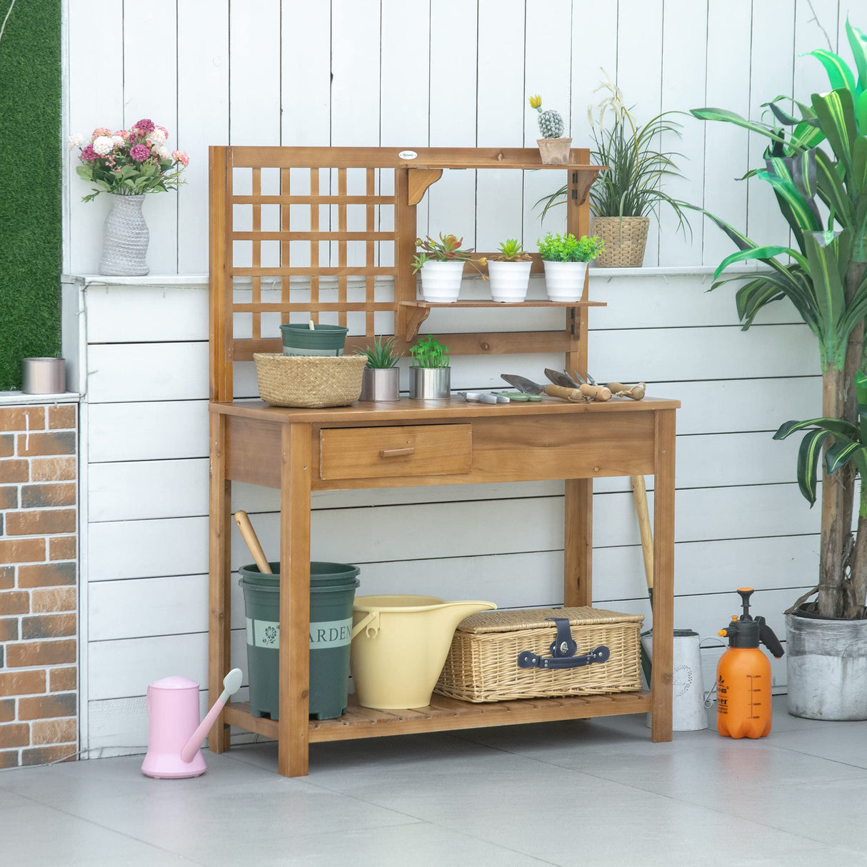 Outsunny Potting Bench Table, Garden Work Bench, Outdoor Wooden Workstation with Tiers of Shelves and Drawer for Patio, Courtyards, Balcony, Brown Outsunny