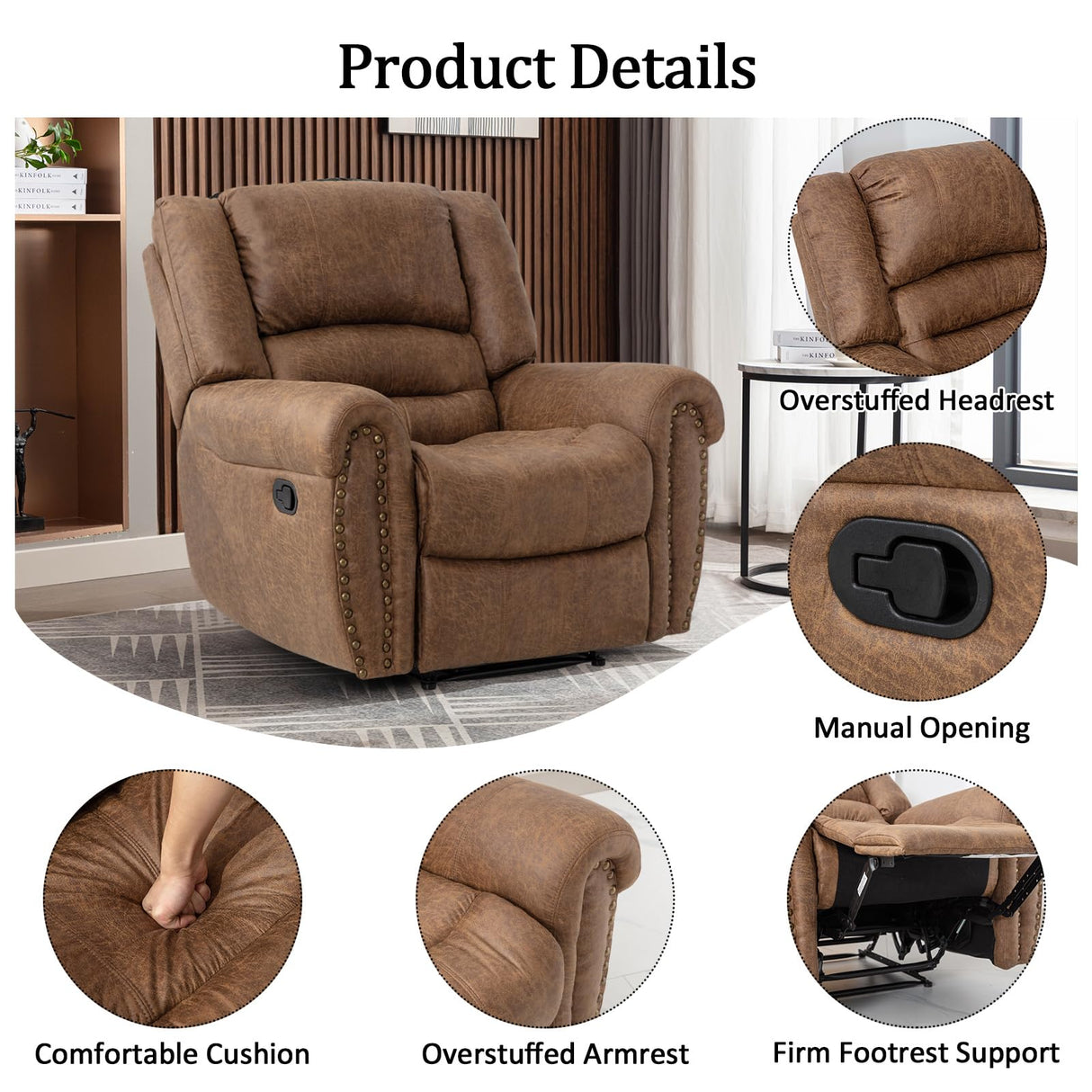 CANMOV Faux Leather Manual Recliner Sofa Set, Manual Recliner Chair, Reclining Loveseat and 3-Seat Sofa for Living Room,Bedroom Furniture, Office,Nut Brown CANMOV