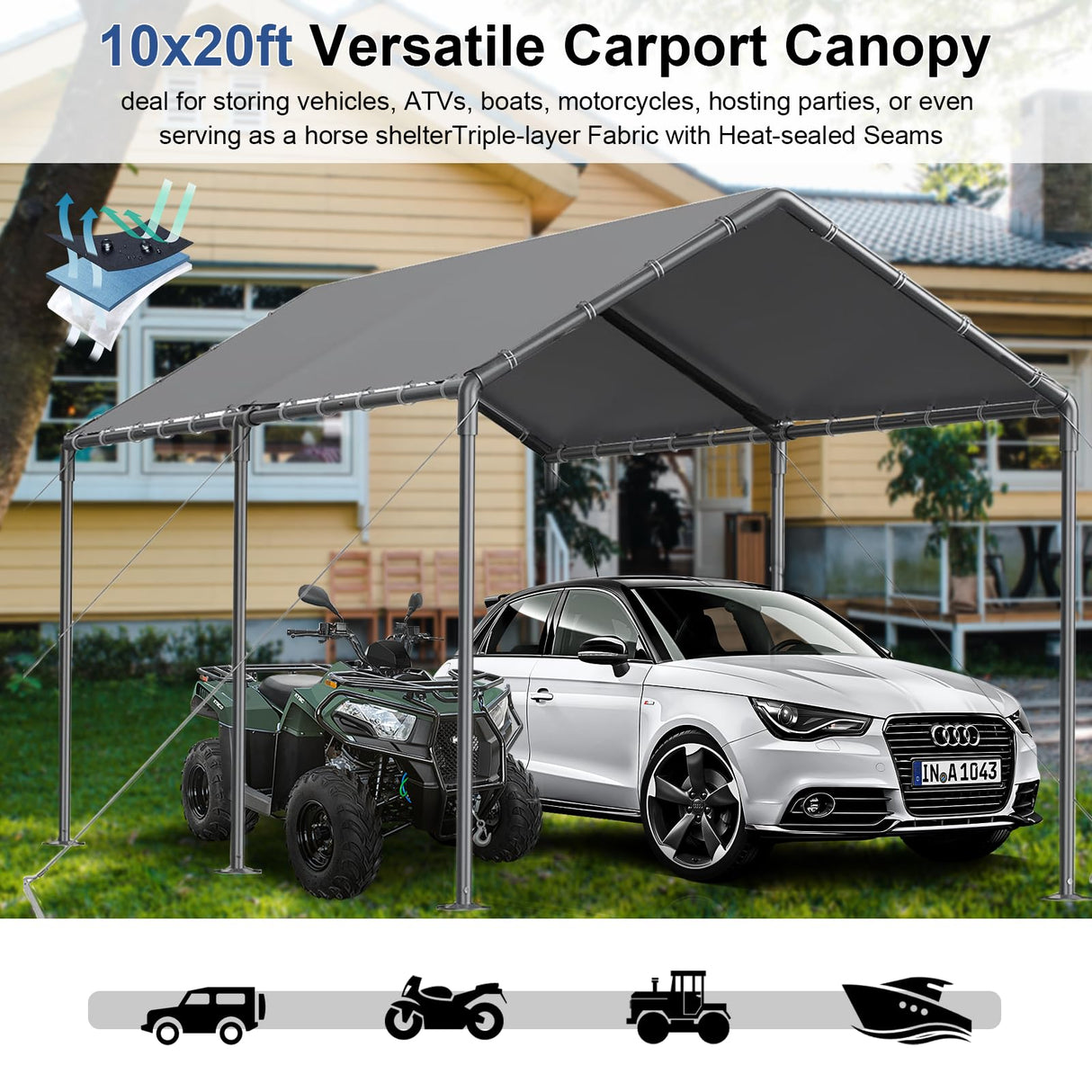 Outdoor Carport 10x20ft Heavy Duty Car Tent, Portable Garage Canopy Storage Shed, Car Shelter, All-Season Tarp Tent for Car, Party (GY) Grezone