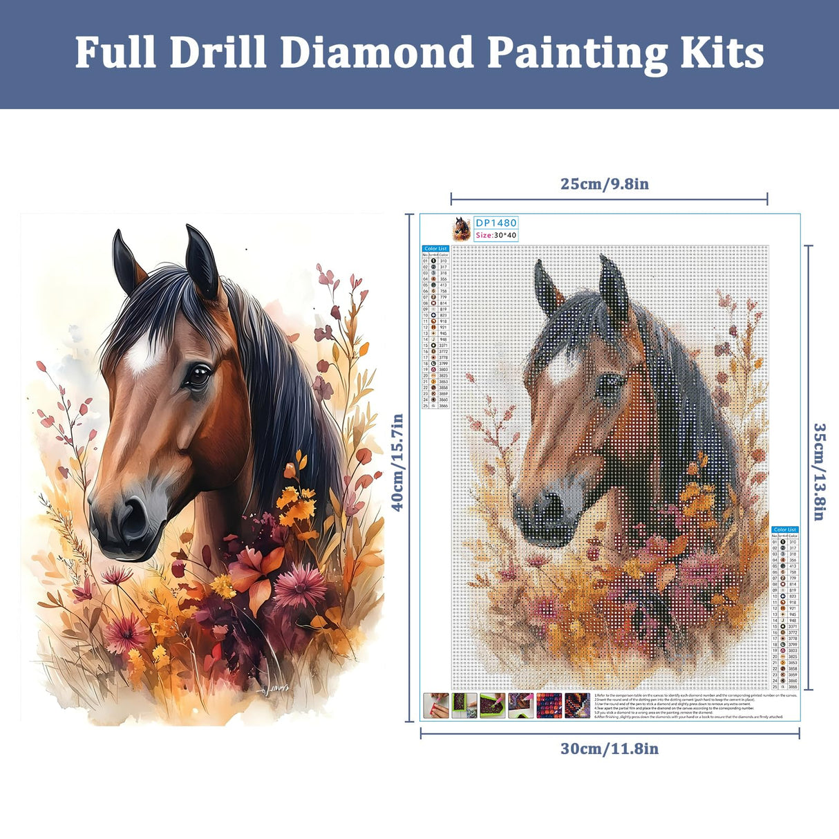 Auremi Horse Diamond Art Painting Kits for Adults, DIY Paint by Numbers for Adults Beginner, DIY Full Drill Diamond Dots Paintings Animal Picture Arts Craft for Home Wall Art Decor 12x16 Inch Auremi
