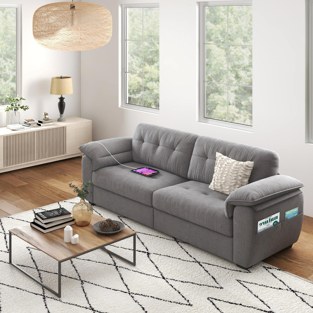 CHYMSUN 87" Modern Sofa, Comfy Sofa Couch w/Extra Deep Seats, 2/3 Seater Couches w/USB Charging Ports & Side Pockets, Sleeper Sofas for Living Room, Apartment, Office (Grey Chenille) CHYMSUN