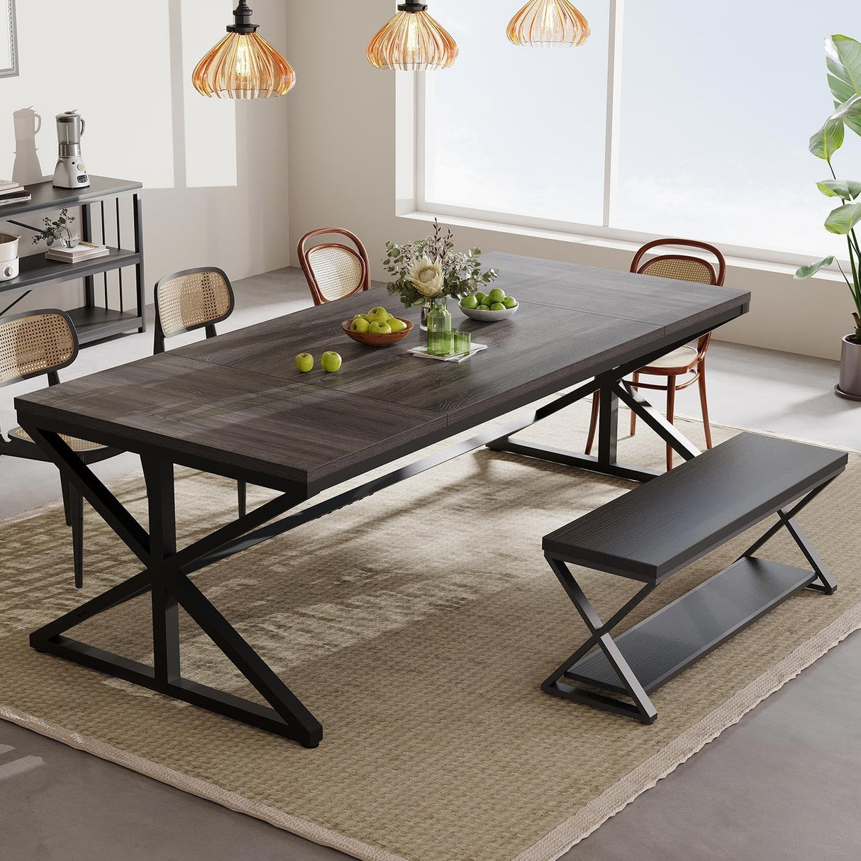 IBF Long Grey Computer Desk, Modern Large Wood Metal Office Desk, Industrial Pc Study Gaming Writing Table for 2 Person, Executive Workstation for Home Bedroom Living Room, Dark Gray, 70 Inch IBF