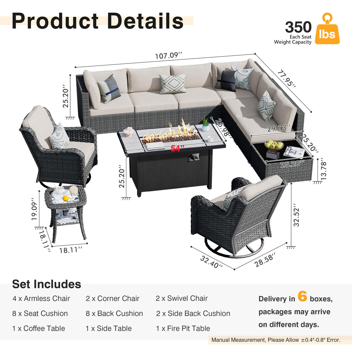 HOOOWOOO Outdoor Patio Furniture with Fire Pit Set 11 Pieces Patio Set with Fire Pit Wicker Outdoor Furniture with Fire Pit Table Set Patio Sectional Set with Swivel Chairs,Beige HOOOWOOO