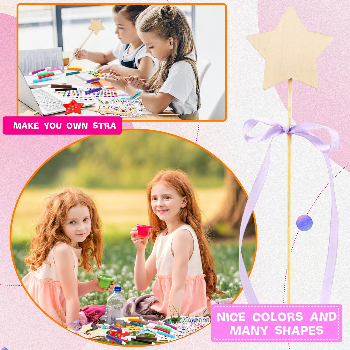 72 Pcs Unfinished Star Princess Fairy Wands Kit Make Your Own Princess Wand DIY Art Craft Magical Wand Include 24 Star Wooden Fairy Wands 12 Gem Stickers 24 Ribbons 12 Markers for Kids Party Supplies Feradny