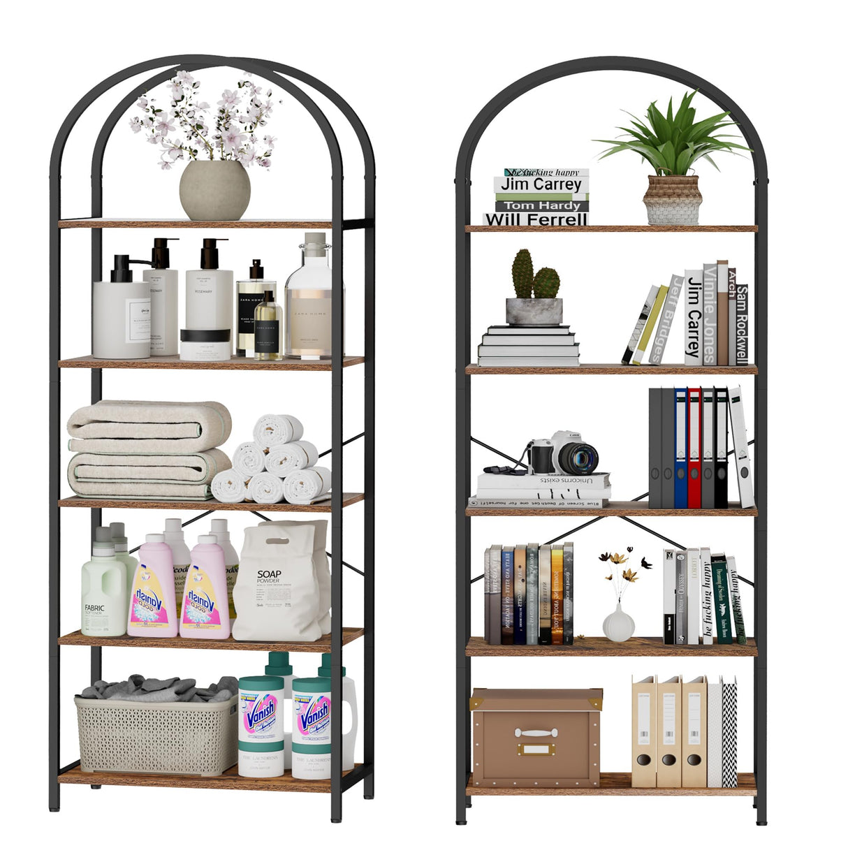 Homhedy 5-Tier Bookshelf Arched Display Racks, Wood and Metal Bookcase, Tall Bookshelf, Industrial Display Standing Shelf Unit, for Home Office, Living Room, Bedroom, Bathroom, Rustic Brown Homhedy