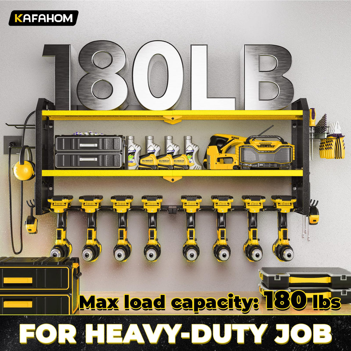 KAFAHOM Power Tool Organizer with Charging Station, Built in 8 Outlet Power Strip,Large 8 Drill Holder Wall Mount, Heavy Duty Metal Power Tool Storage Rack Tool Shelf for Garage Organization Black KAFAHOM