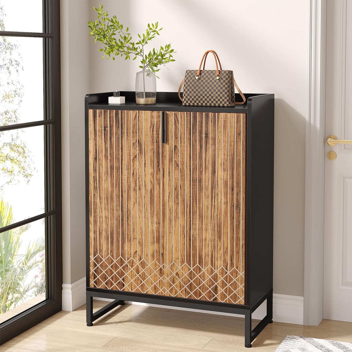 Tribesigns Shoe Cabinet with Doors, 5 Tiers Shoe Storage Cabinet for Entryway, 25 Pairs Wooden Shoe Cabinets, Modern Shoe Organizer Storage for Living Room, Bedroom, Hallway, Closet, Black and Brown Tribesigns